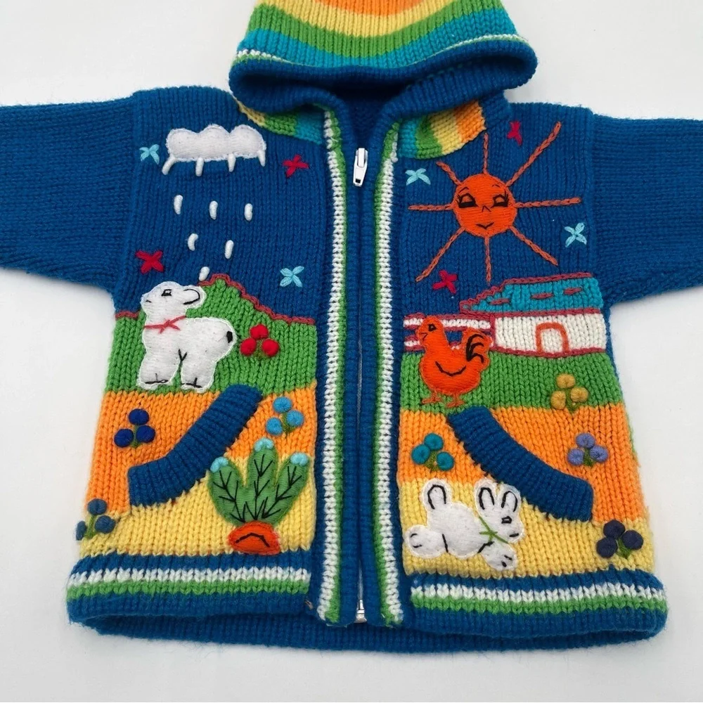 Handmade Knit Sweater Hoodie Baby Infant 0-6 Mos Folk Art Farm Animals Full Zip
